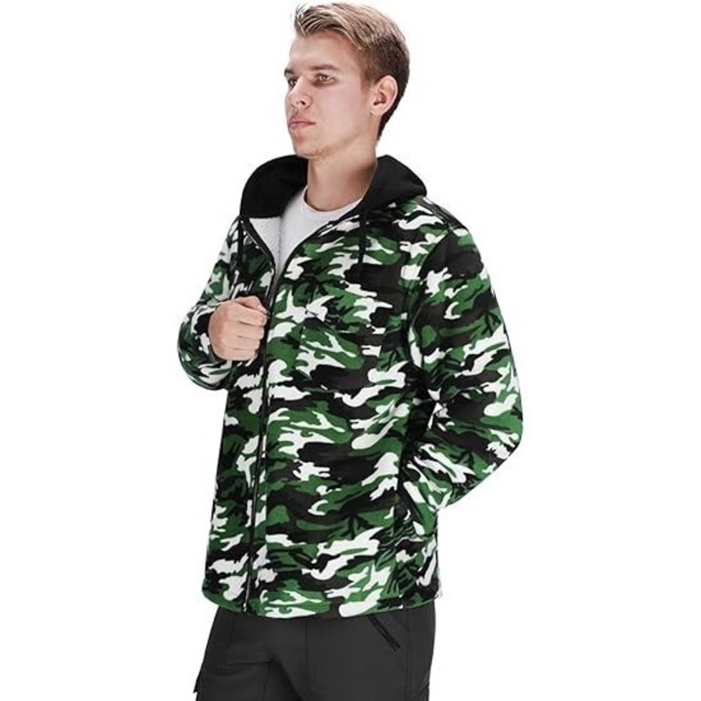 Hooded Fleece Jacket Full Zipper Military Army Camouflage Tactical Outerwear (M)